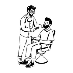 Street barber cutting hair of his client, glyph illustration 

