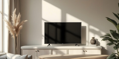 Stylish Television Set on a Contemporary Table with Neutral Decor and Soft Lighting
