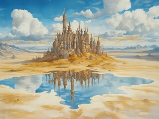 mirror desert with upside down castles reflected in firmament