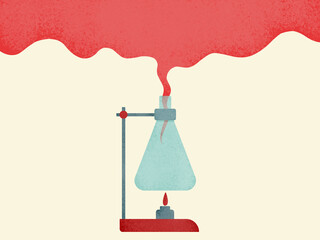 Laboratory flask releasing red smoke while heated on burner