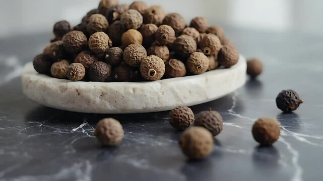 Whole allspice berries in round wooden bowl