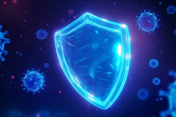 Glowing blue protection shield with a transparent glass-like texture, surrounded by floating virus particles. 