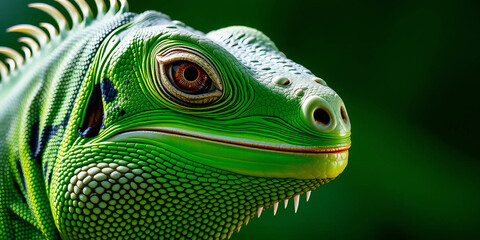 Obraz premium a green iguana, showcasing its detailed features. The iguana's skin is a vibrant green with patches of darker green and brown, providing a textured appearance