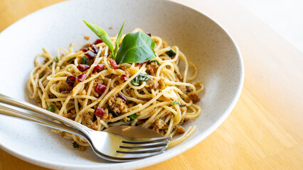 Fusion food spaghetti with Sai Ua sausage