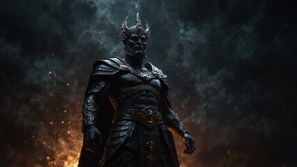 Naklejka premium A statue of Rymar, lord of reverse light, glowing upward from his feet to illuminate the black heavens
