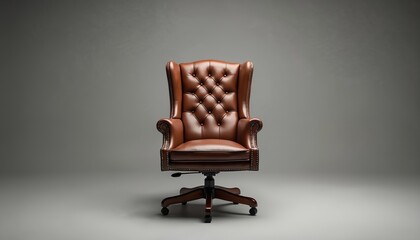 Brown leather office chair isolated. Elegant furniture piece, executive design. Comfortable armchair on wheels, luxury home or business interior. Studio shot product presentation on grey background.