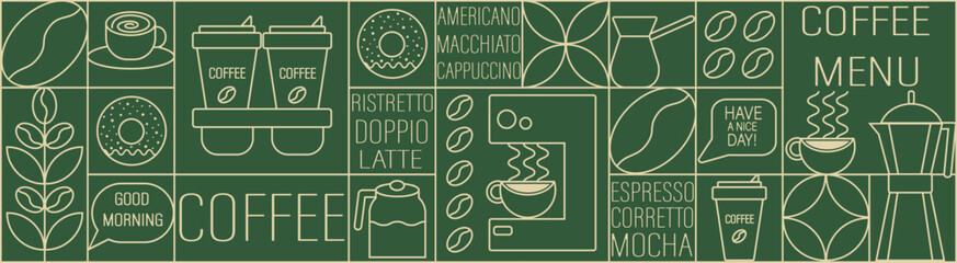 Geometric coffee and tea pattern in minimalist style. Abstract print background with simple shapes for coffee shop, food packaging, cafe wall, menu.