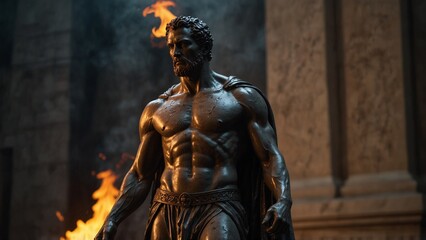 Fototapeta premium A statue of Selepheis, of the eternal flame, with a burning pillar through his chest never extinguished
