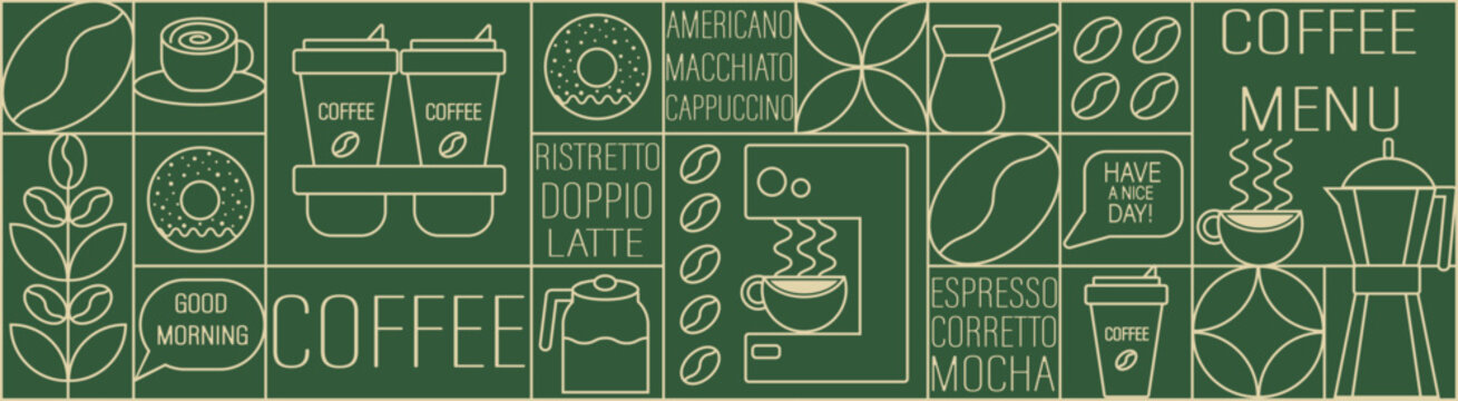 Naklejki Geometric coffee and tea pattern in minimalist style. Abstract print background with simple shapes for coffee shop, food packaging, cafe wall, menu.