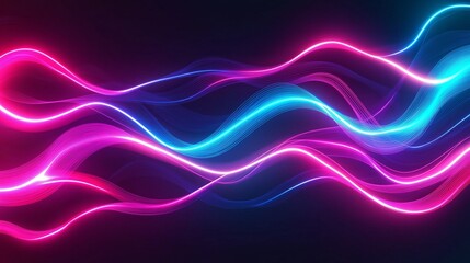 Abstract neon lights background with fluid wave patterns in radiant pink, blue, and violet hues.  