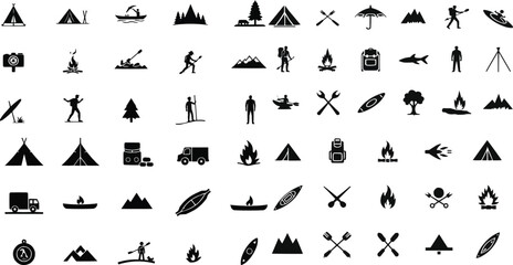 Naklejka premium camping icon set, outdoor adventure icons, black silhouette tent vector