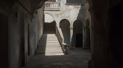 Obraz premium Sunlit Stone Staircase in Old Abandoned Building