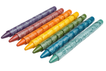 Assorted colored crayons, various shades, arranged diagonally.  Textured, patterned exterior