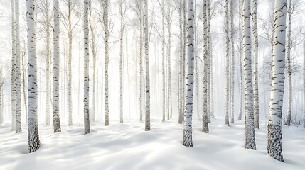 Serene Winter Birch Forest Snowy Landscape White Trees Cold Calm Bark Cold Pure Scene Woods Quiet   