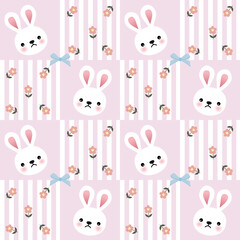 Vector pattern of fabric, wallpaper, wrapping paper, mats and bed sheets. Continuous and repeatable. Cute style. Designed with cartoon rabbits and roses placed on striped lines.