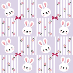 Vector pattern of fabric, wallpaper, wrapping paper, mats and bed sheets. Continuous and repeatable. Cute style. Designed with cartoon rabbits and roses placed on striped lines.