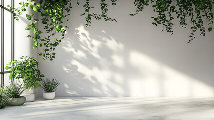 A white room with a large window and a wall covered in vines