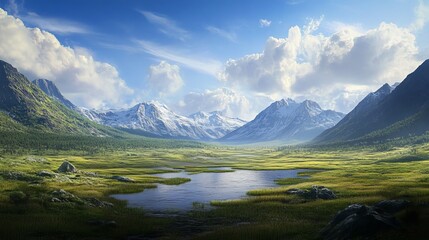 Fototapeta premium Serene mountain valley landscape with stunning snow capped peaks and a tranquil lake reflecting the beautiful blue sky a picturesque