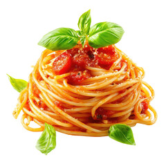 Delicious spaghetti with tomato sauce, garnished with fresh basil
