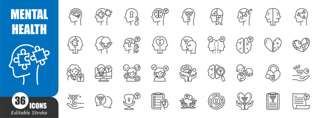 Mental health . Medical outline icon . Editable stroke . Vector .