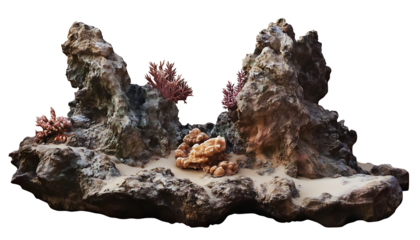 Isolated rocky aquarium decoration with coral on transparent background png