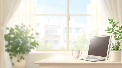 Fototapeta premium A laptop is on a desk next to a potted plant