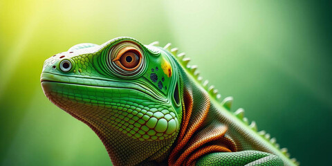 Fototapeta premium a green iguana, showcasing its detailed features. The iguana's skin is a vibrant green with patches of darker green and brown, providing a textured appearance