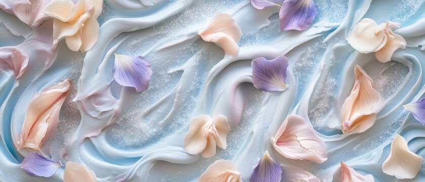 Delicate flower petals on pastel blue cream swirls