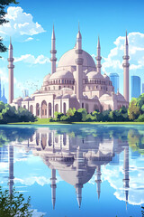 Obraz premium A serene view of a grand mosque reflected in a calm lake with a city skyline in the background
