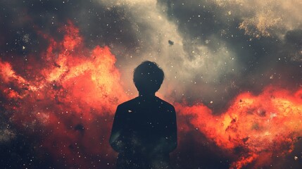 Silhouette of a person against a cosmic background with a nebula.