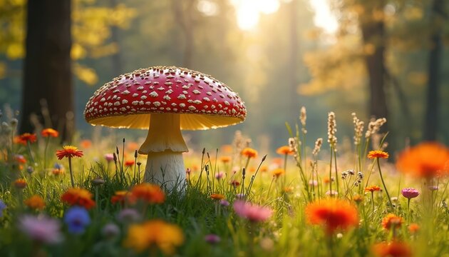Red spotted fly agaric mushroom stands in meadow. Sunlight, floral scenery, grass, colorful flowers. Autumn season in forest. Botanical garden landscape macro photo.