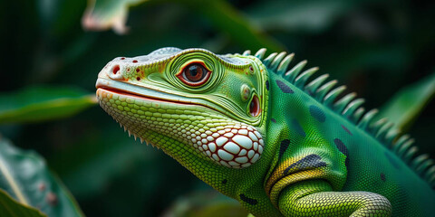 Fototapeta premium a green iguana, showcasing its detailed features. The iguana's skin is a vibrant green with patches of darker green and brown, providing a textured appearance