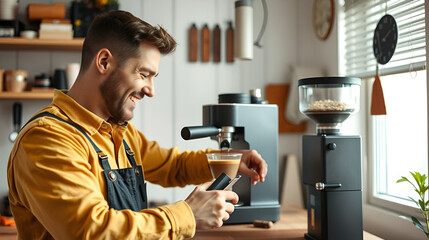 happy handyman in working overall repairing coffee machine