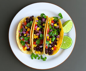 Vibrant vegetarian tacos filled with black beans, corn, and fresh salsa, a delicious and healthy plant-based Mexican meal.