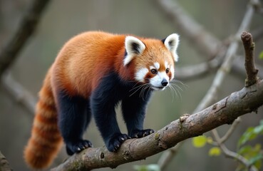 Red panda perched on tree branch. Adorable animal with red fur, fluffy tail. The arboreal mammal in natural habitat, looking, wildlife scene, cute animal. Wildlife photography, zoo.