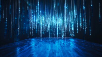 Abstract blue light strings falling on dark wooden floor background image digital art modern design technology concept futuristic