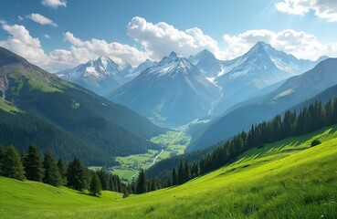 Fototapeta premium Panoramic view of majestic mountains range. Green alpine meadows, pine tree forest, snow peaks against blue sky with fluffy clouds. Scenic nature landscape for travel, tourism.