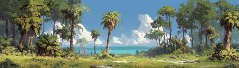 Obraz premium A coastal forest where tropical trees meet the ocean breeze