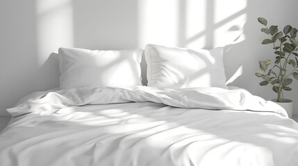 A white bed with two pillows and a plant on the nightstand