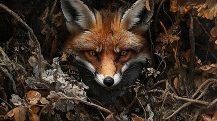 Fototapeta premium Red fox emerges from foliage