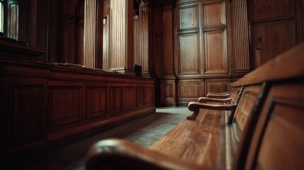 Solemn Wooden Judge Bench in Deserted Courtroom with Warm Tones and Focused Atmosphere