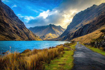Obraz premium Serene Lake and Mountain View along a Road in a Beautiful Landscape