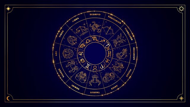 zodiac signs wheel with border frame golden stars blue astrology animation, celestial shiny glitter particles horoscope motion background