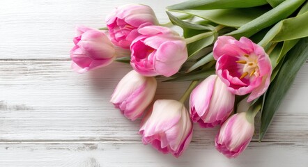 Elegant Mothersday Background Featuring Pink Tulips on a Rustic White Wooden Surface