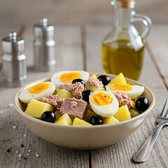 Salad with tuna, eggs, potatoes and olives.