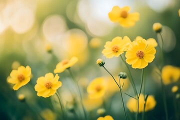 Obraz premium Soft Focus Field with Sunny Golden Coreopsis Blossoms on Light Green Background