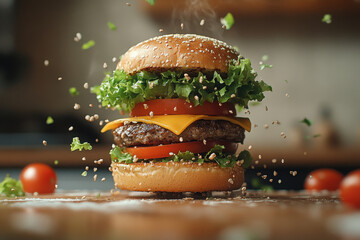 of delicious burger being prepared showcasing fresh ingredients like lettuce tomatoes and cheese.