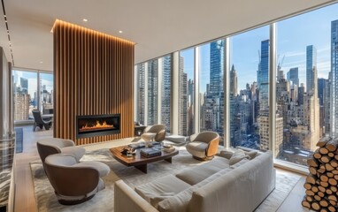 Modern luxury living room with city views.  Large windows,  warm wood accents,  fireplace, and comfortable seating