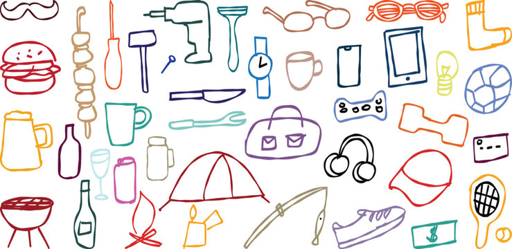 Colorful doodle icons celebrating father s day with tools, sports, and food
