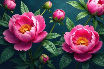 Bold peony blossoms, lush leaves, damask style, design, lush, ornate